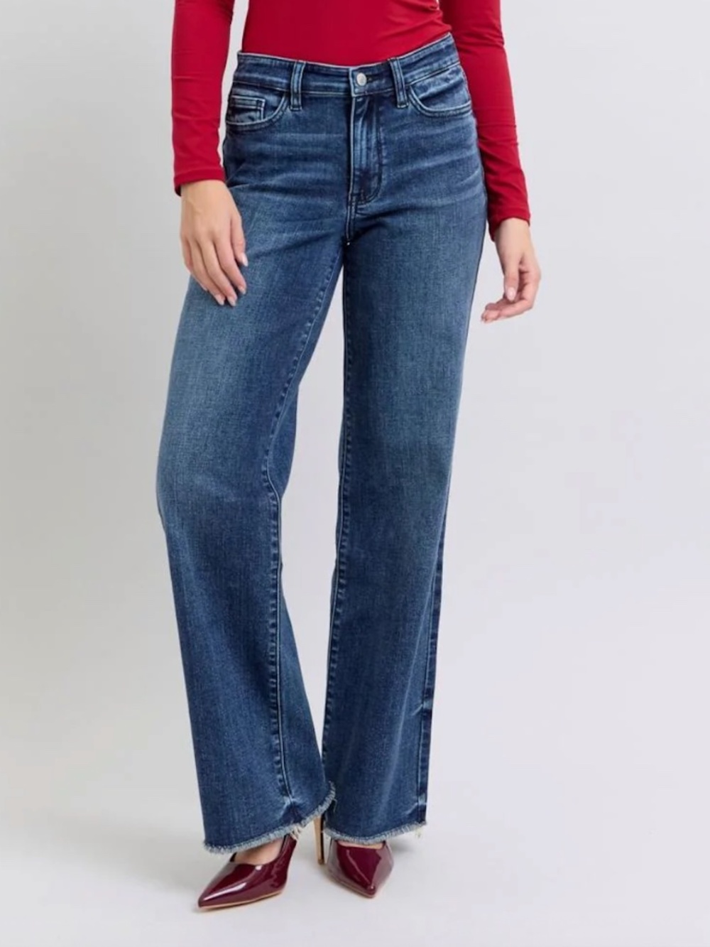 Judy Blue Jeans Mid Rise Wide Leg Fray Hem Denim Jeans
